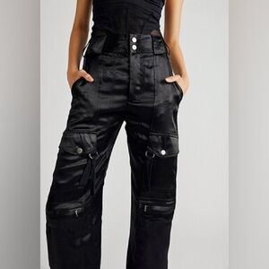 Free People Black Satin Cargo Pants